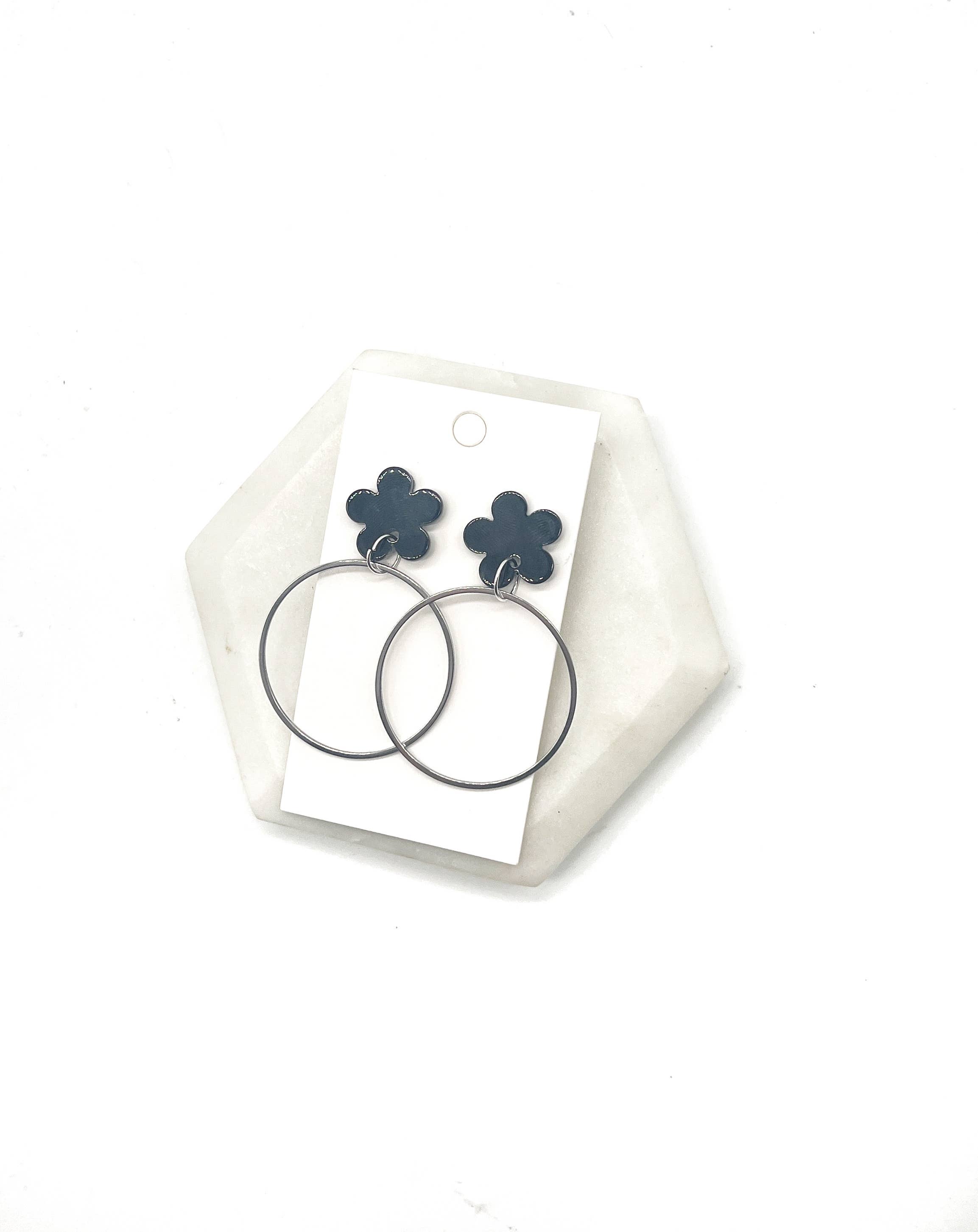 Baubles by B - Wholesale Dangle Earrings - Black Blossom Flower Silver Hoop Earrings7