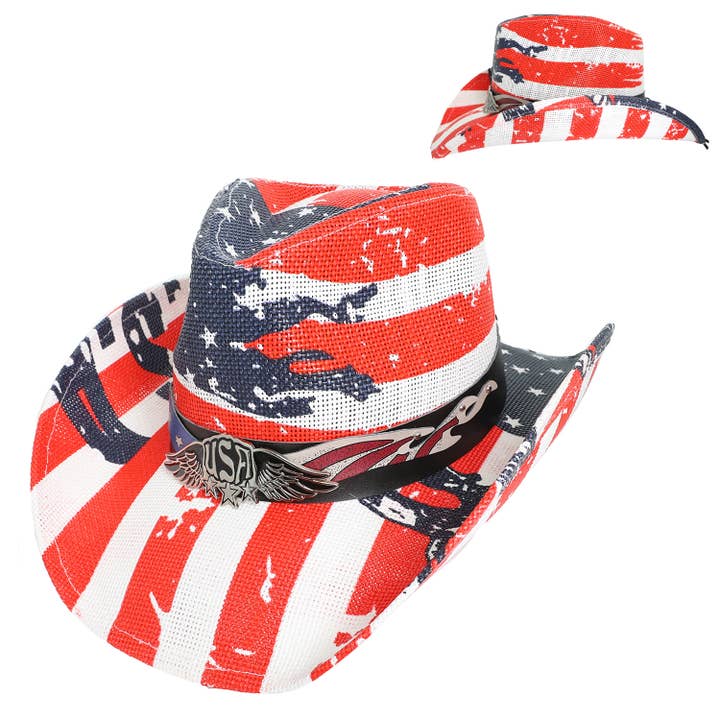 SP Sophia Collection - Wholesale Cowboy Hat - Women's - Patriotic Western USA Flag Paper Braid Cowboy Hat