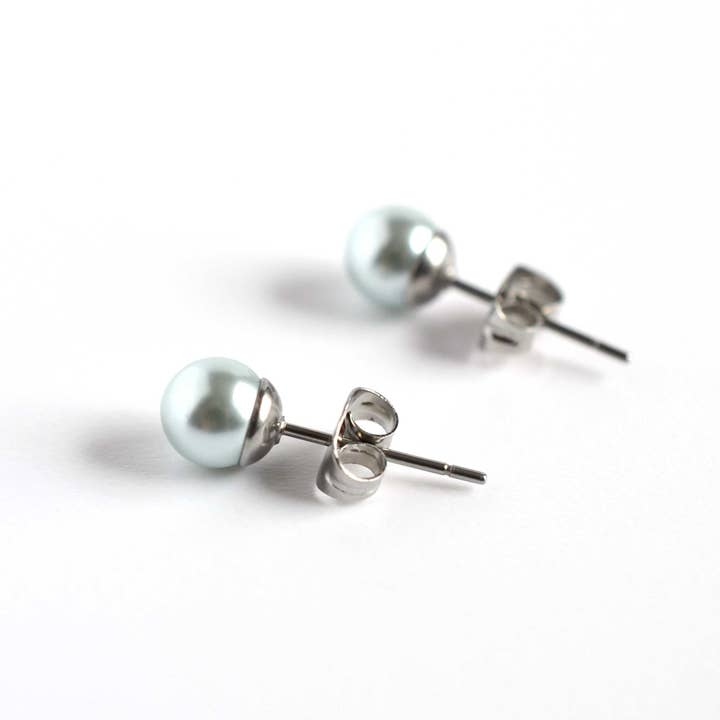 6mm Pale Blue Faux Pearl Stud Earrings, Hypoallergenic Surgical Steel, Everyday Pearl Studs for wholesale by Little Gems Jewels