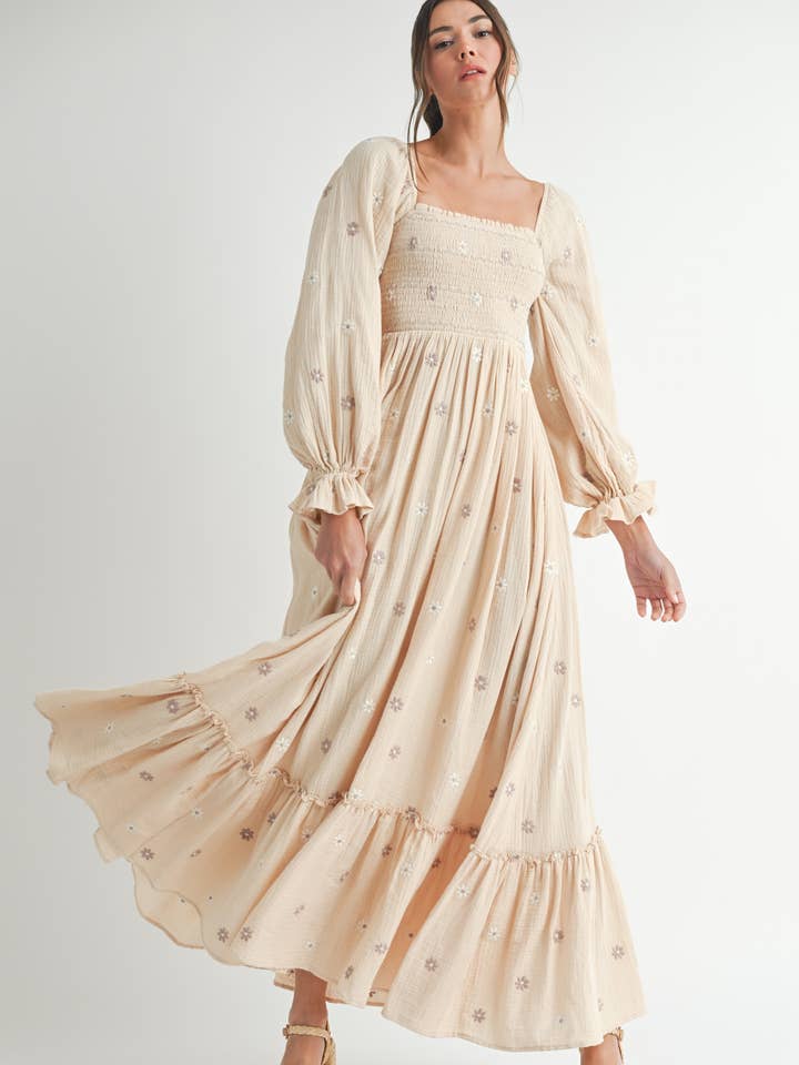 Long Sleeve Embroidery Maxi Dress. for wholesale by Endless Blu