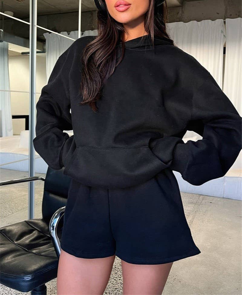 HIDDENBRAND - Wholesale Lounge Set - Women's - basic pocket hoodie &  drawstring short set outfits45