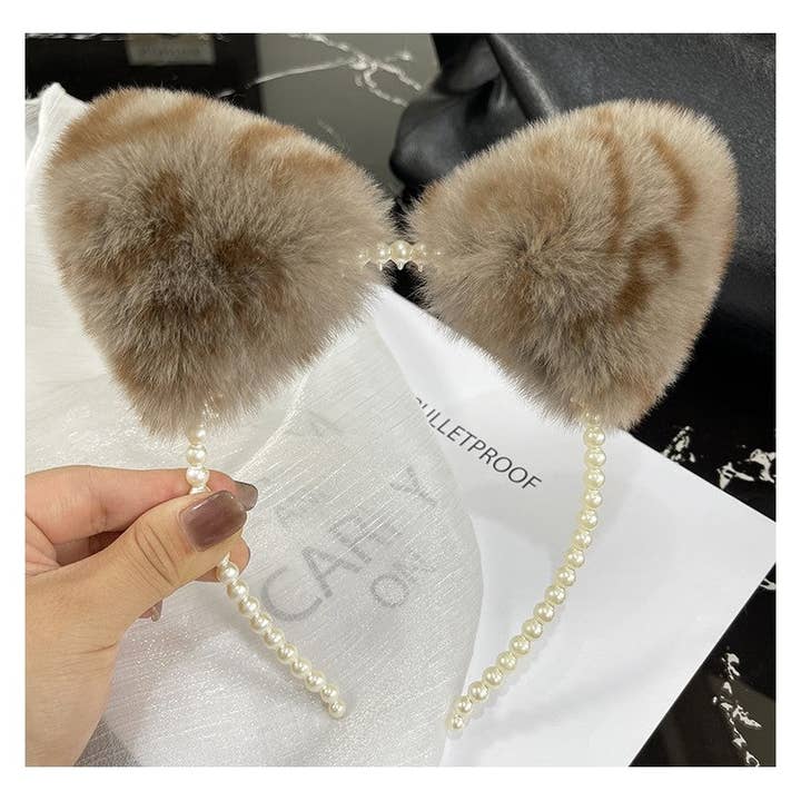 FurDecoration - Wholesale Fashion headband – women's - Rex Rabbit Fur Cat Ears Headband with Pearls6