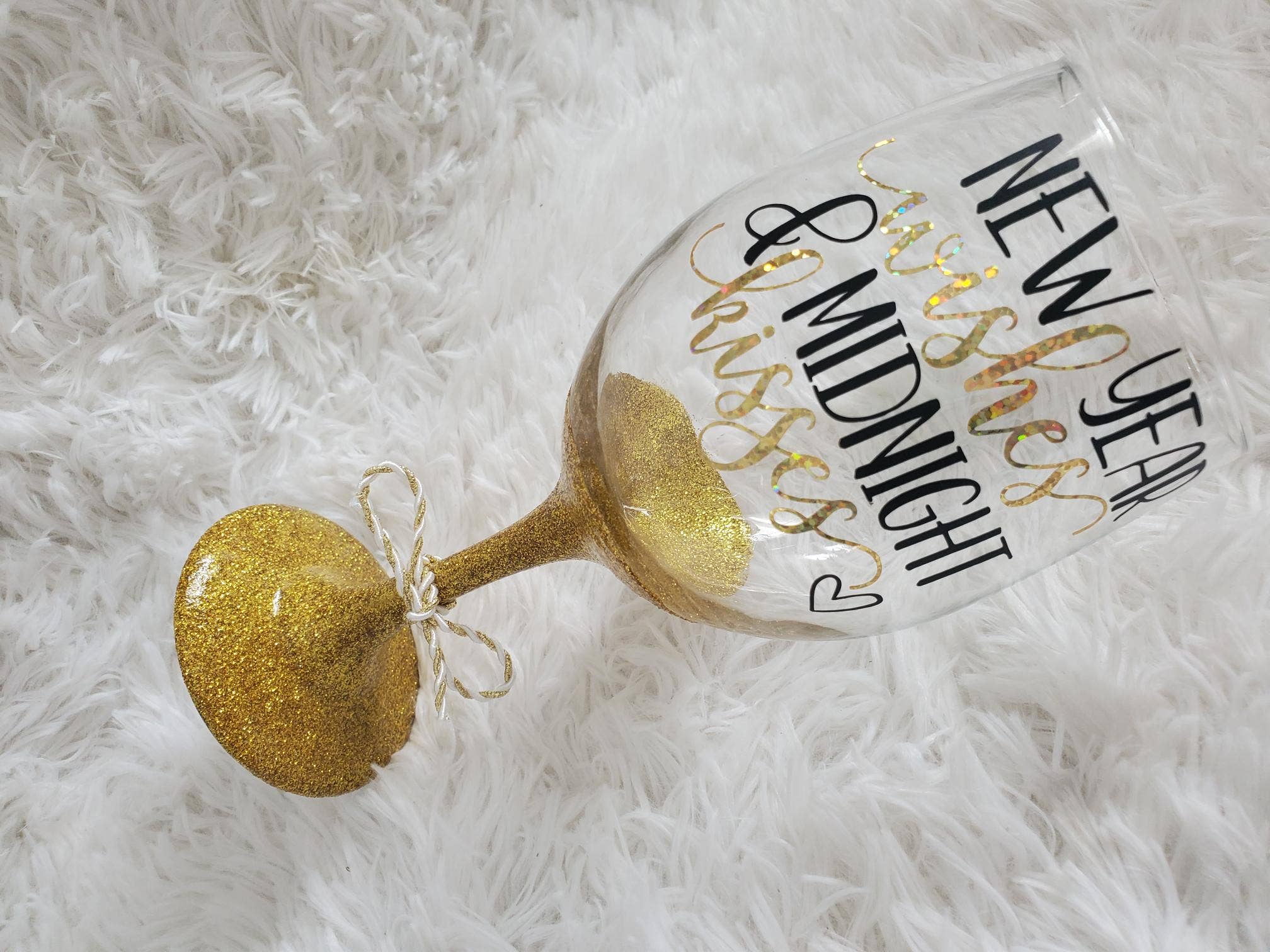 Tots And Tumblers Art - Wholesale Wine Glass - New Years Wishes Midnight Kisses Gold Glittered Stemmed Wine6