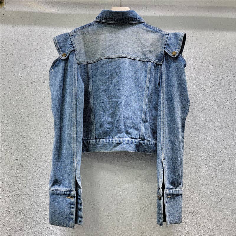 Blauw Denim off-shoulder kort jasje voor groothandel op Faire1