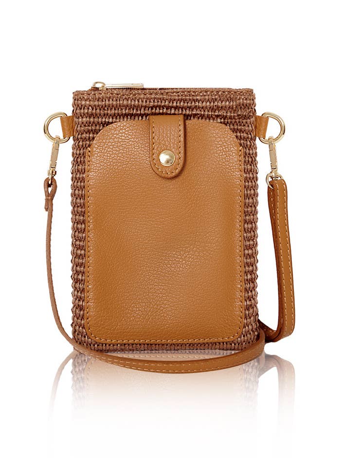 Italiaanse schoudertas van raffia en leer met telefoonvakje voor wholesale door MONTTE DI JINNE