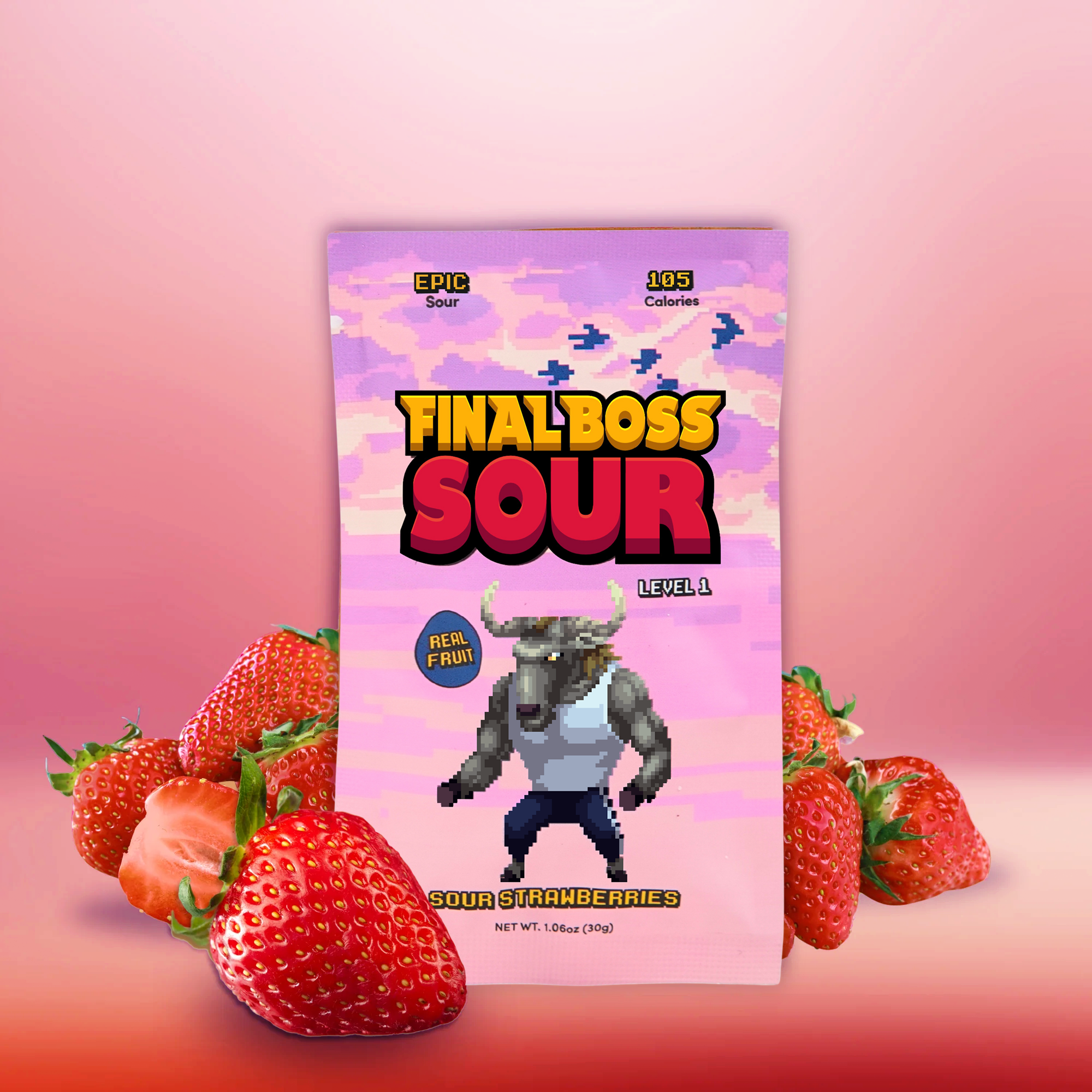 Final Boss Sour - Wholesale Gummy - Level 1 Strawberries (12 pack) Dried Fruit Sour Snack1