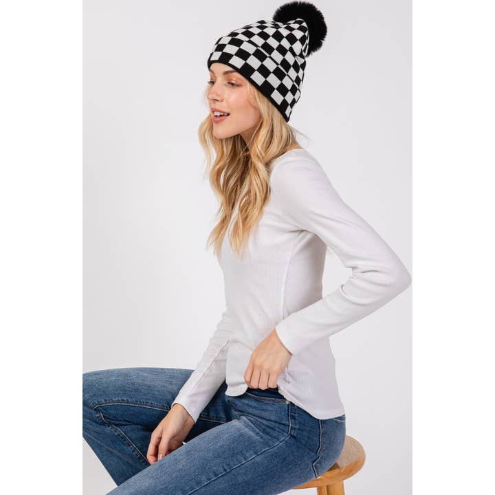 Collections by Fame Accessories - Wholesale Beanie - Women's - Checkered Pom Beanie