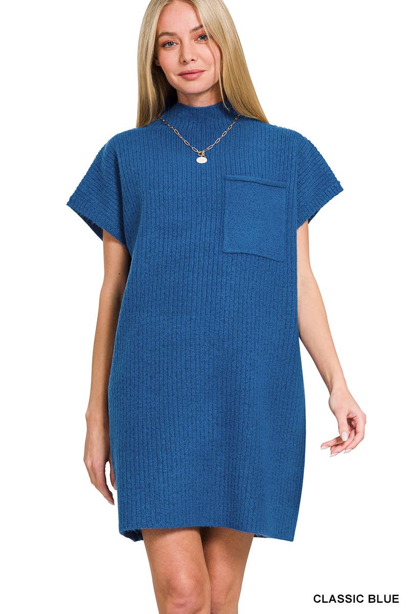 42POPS - Wholesale Dress - Women's - ..SI-26560 Mock Neck Short Sleeve Sweater Dress With Pocket12