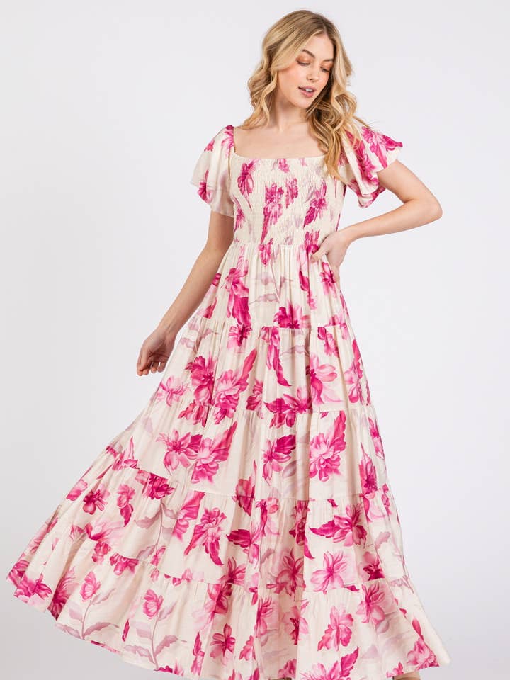 Robe longue à volants à manches bouffantes courtes florales HD3027-ROSE VIF pour la vente par B I G H I T Fashion