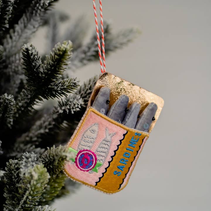 The Sardine Tin Embroidered Ornament for wholesale by Kate Gwilliam