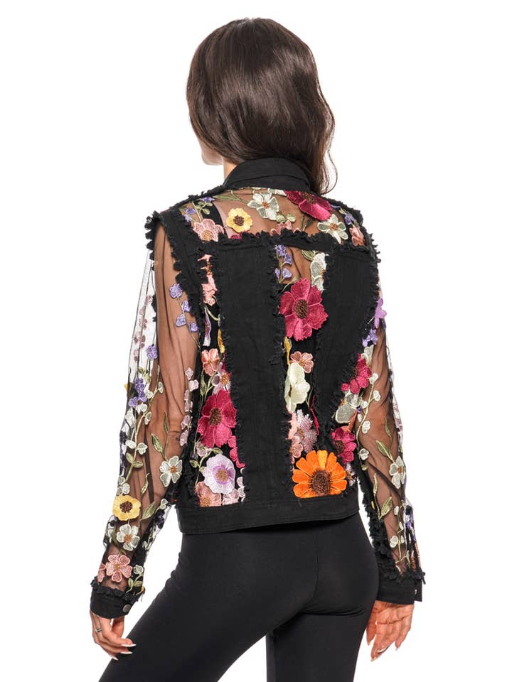 2406B Black Denim Lace Jacket with Floral Embroidery for wholesale on Faire9