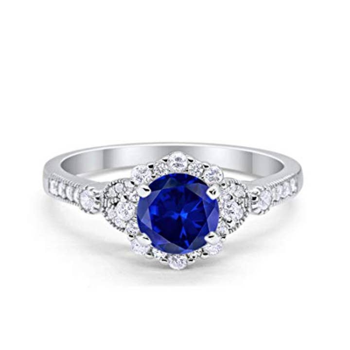 Floral Art Deco Engagement Ring Simulated Blue Sapphire CZ for wholesale by Blue Apple Imports