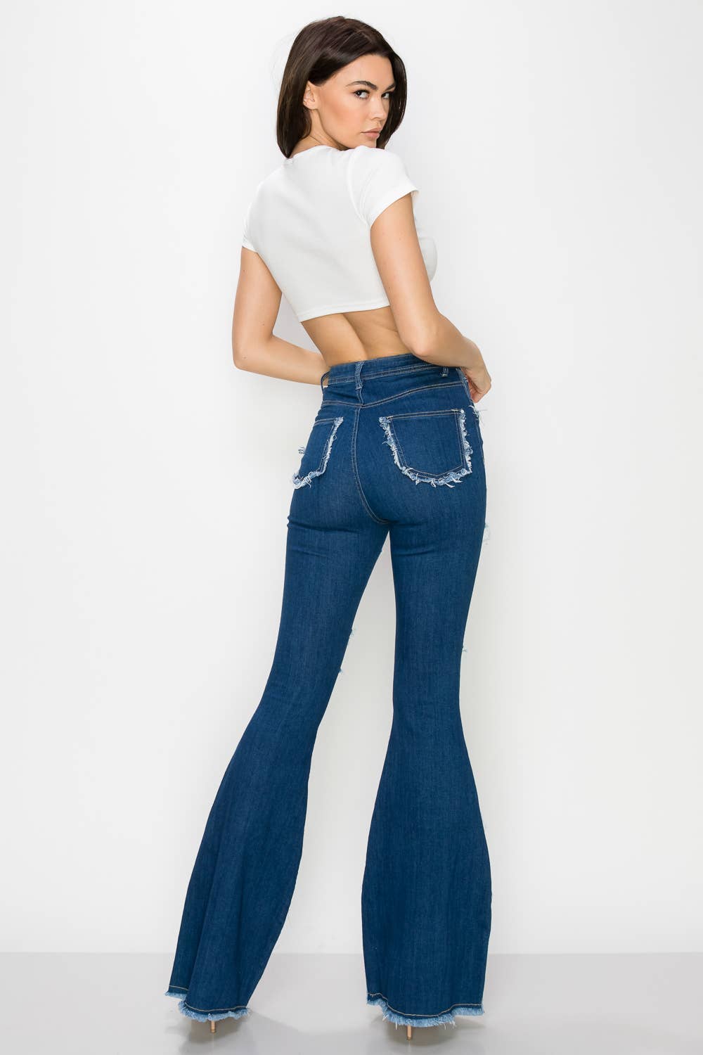 PATCH JAZZ-020 HIGH WAISTED DISTRESSED BELL BOTTOMS WOMEN JEANS for wholesale on Faire4