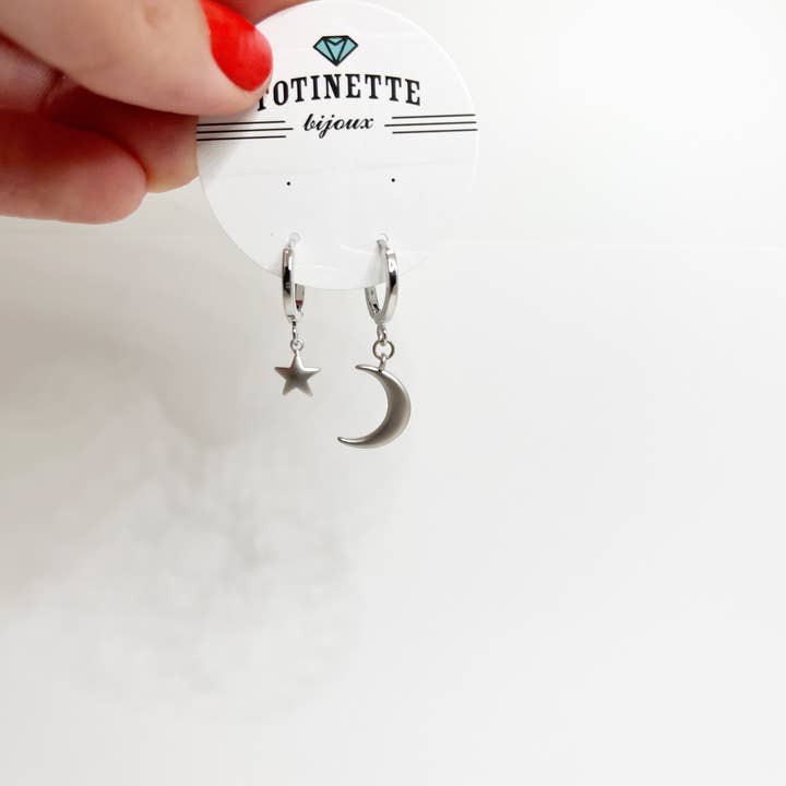 Moon + Star Huggie Hoops - Gold or Silver for wholesale by Totinette bijoux