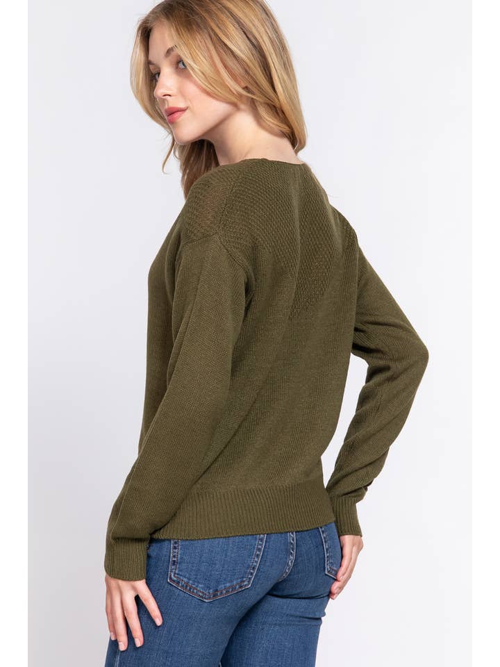 Active Basic | Active USA - Wholesale Knit Sweater - Women's - Long Slv Round Neck Waffle Detail Sweater