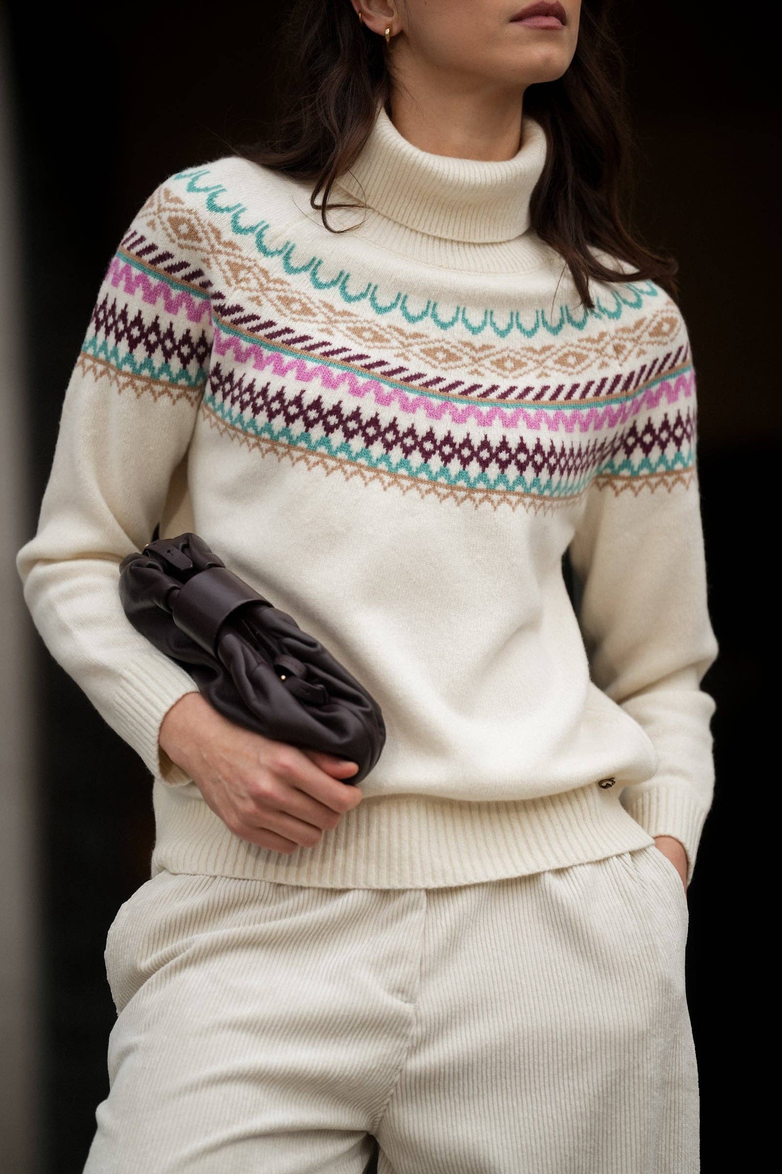 GUIMANOS - Wholesale Knit Sweater - Women's - Beige Sweater with Multicolor Jacquard Pattern2