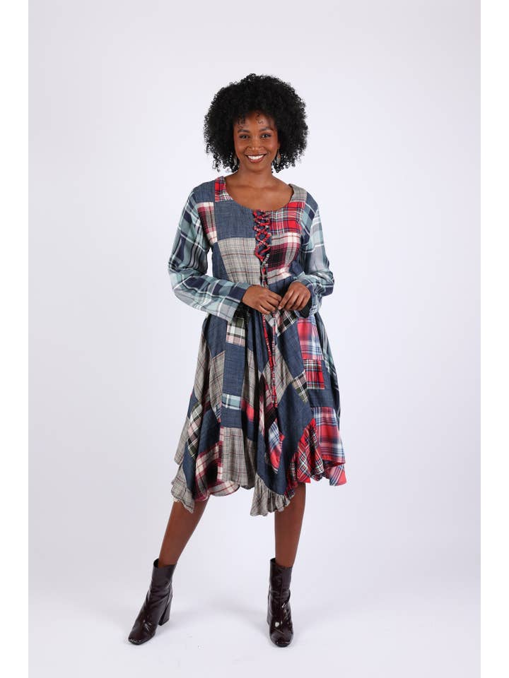 Sacred Threads - Wholesale Dress – Women's - Lace-Up Denim Plaid Patchwork Dress4