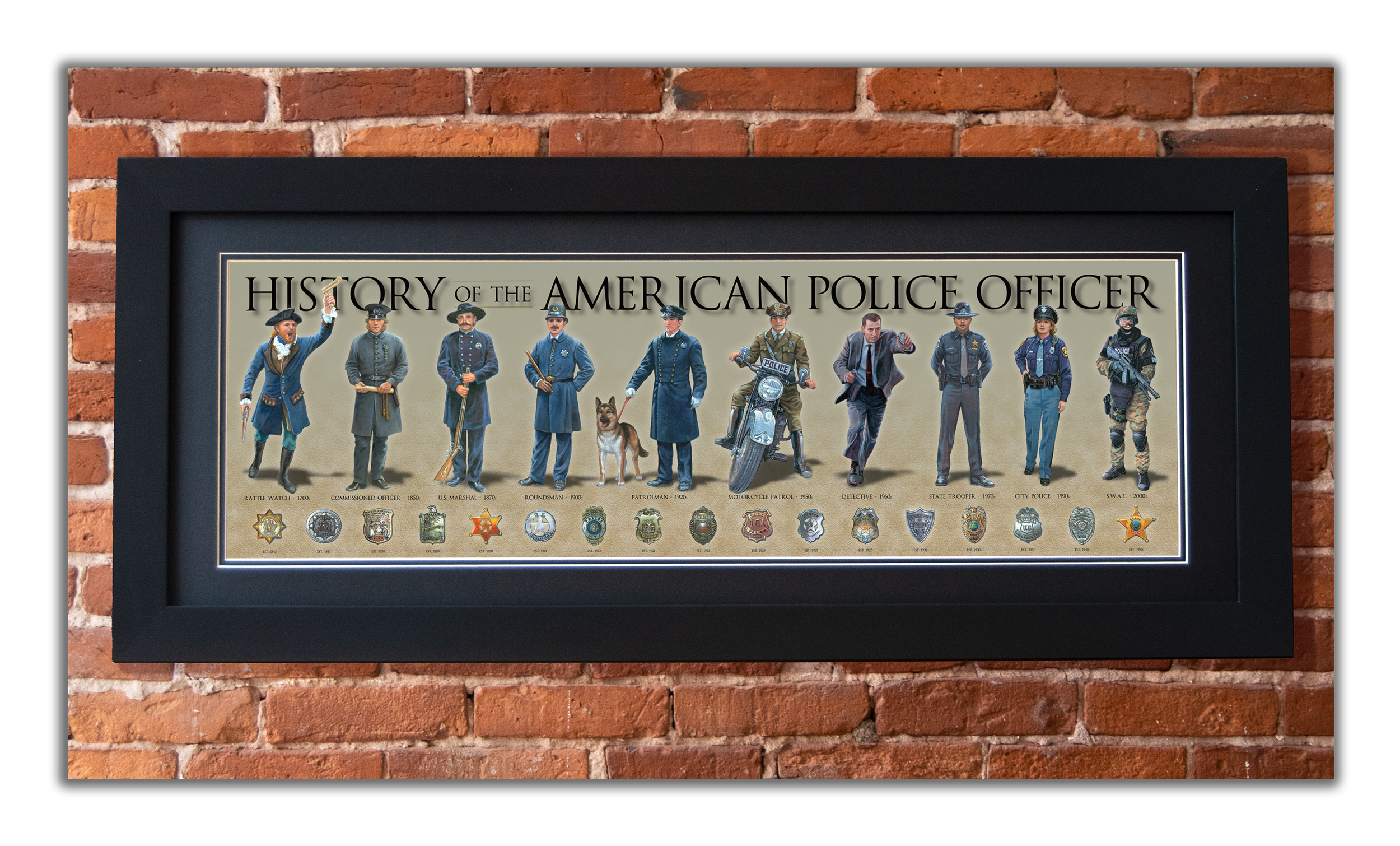 History America - Wholesale Art Print - History of the American Police Officer - Framed 2” Black Double Matted, Flat Molding 11 ¾" x 36"0