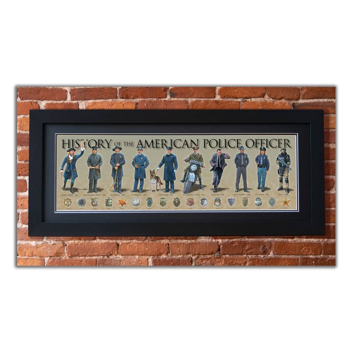History America - Wholesale Art Print - History of the American Police Officer - Framed 2” Black Double Matted, Flat Molding 11 ¾" x 36"