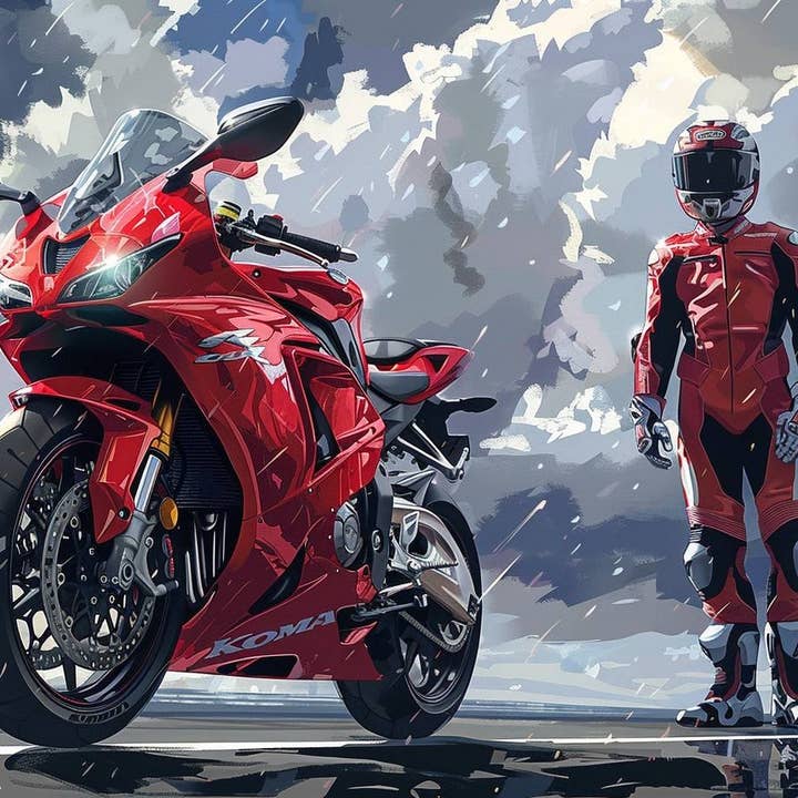 Moto desportiva vermelha e motociclista por atacado de Paint with Number