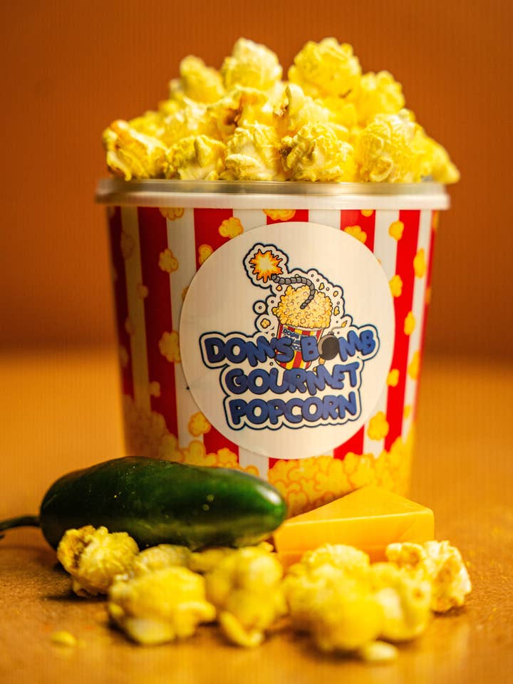 Cheesy Jalapeno for wholesale by Dom's Bomb Gourmet Popcorn LLC