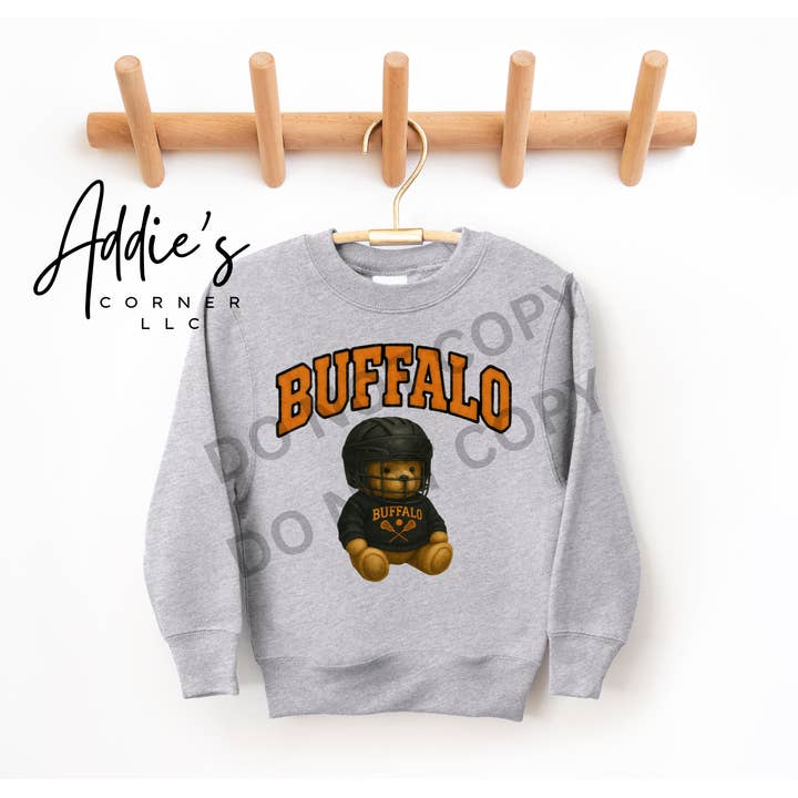 Buffalo lacrosse teddy bear kids unisex sweatshirt for wholesale by Addie's Corner