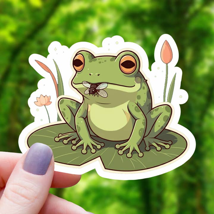 Adesivo Rana che mangia mosca su Lilypad, 7,6 cm per la vendita all'ingrosso da parte di Mimic Gaming Co