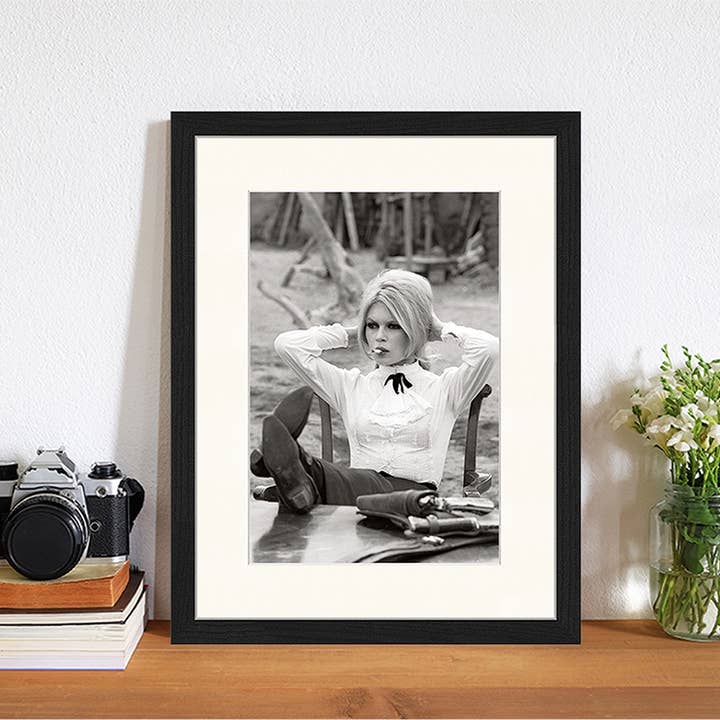 Black Brigitte Bardot on Set. Wall art print with frame. for wholesale on Faire1