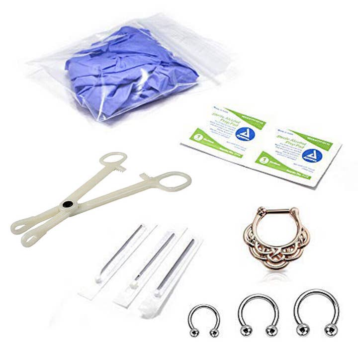 Kit de perçage pour septum, 10 pièces : fer à cheval, aiguilles, pinces, clicker pour la vente par Lion Gothic