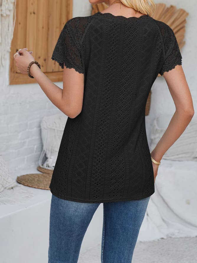 UNISHE - Wholesale Blouse - Women's - Lace Crochet Eyelet V Neck Short Sleeves Top ZK1081