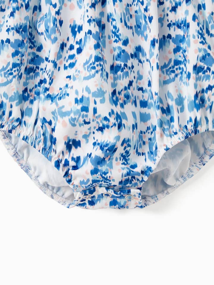 Baby Girl Blue Floral Ruffle Hem Strap Romper for wholesale on Faire