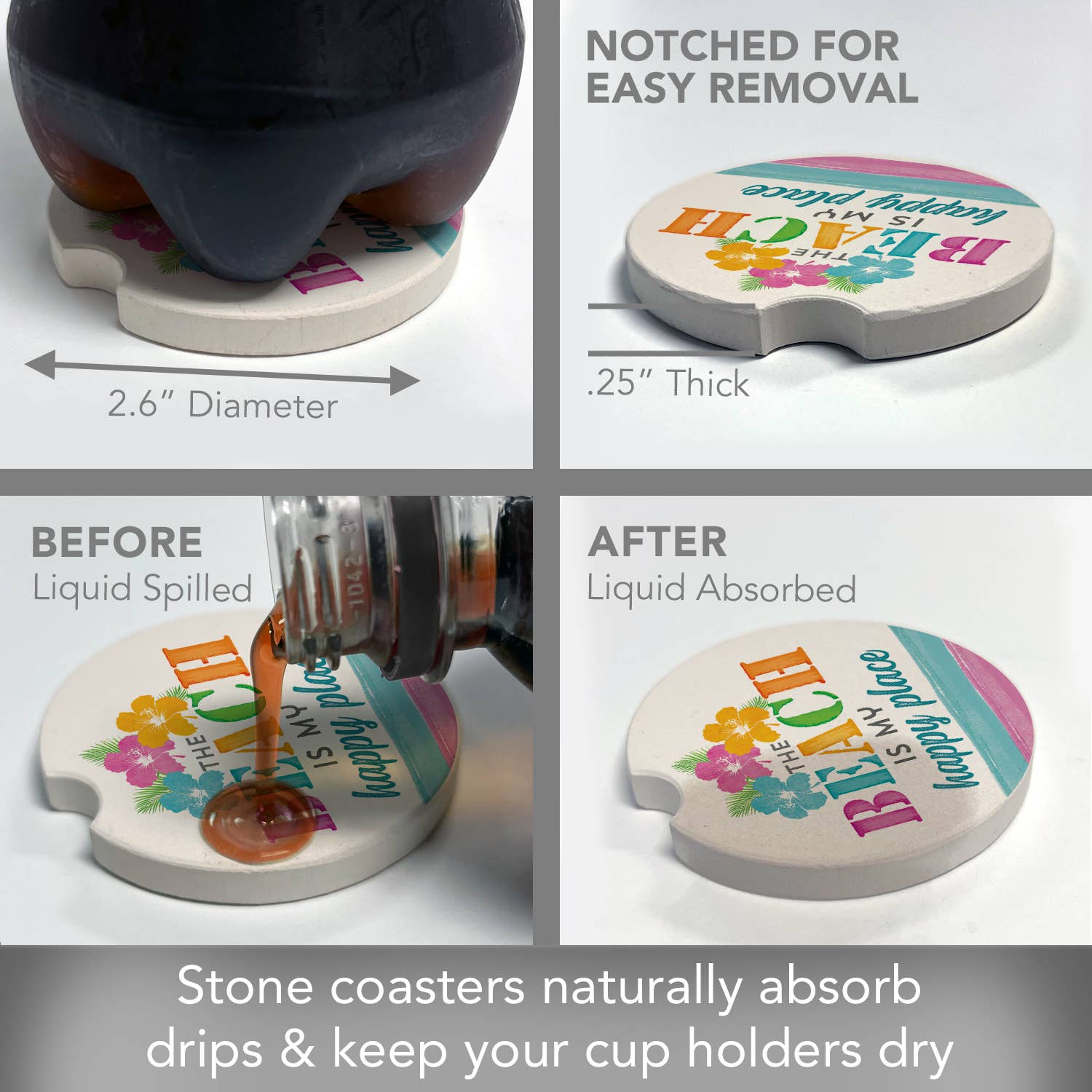 CounterArt/Highland Home/Thirstystone - Wholesale Car Coaster - Unisex - My Happy Place Beach Bulk Stone Car Coaster-NO PACKAGING2