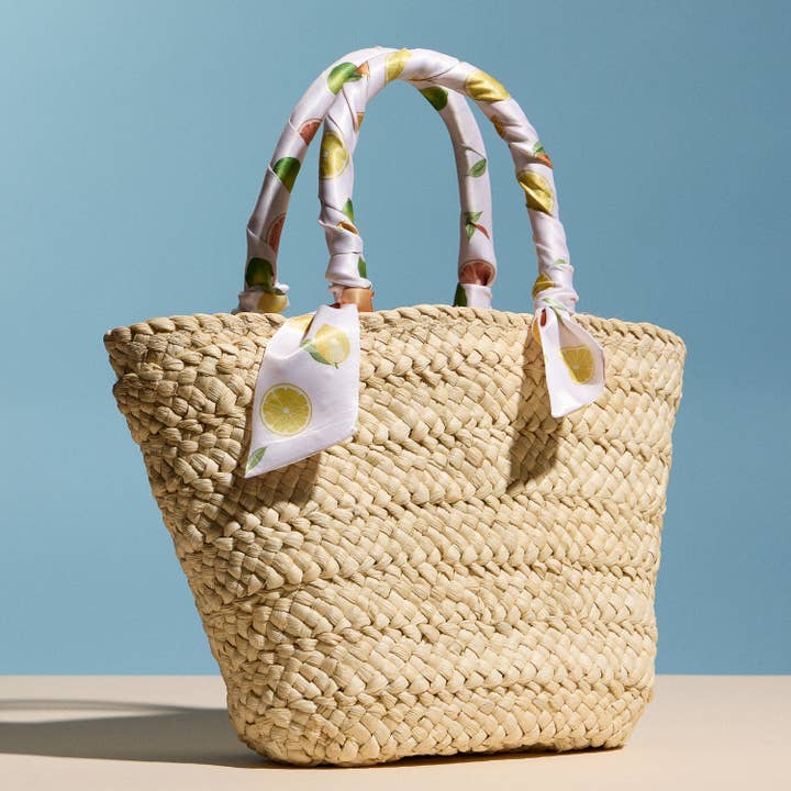 Raffia Mini Tote Bag with Lemon Scarf Handles – Summer Beach & Resort Handbag for wholesale by Frem