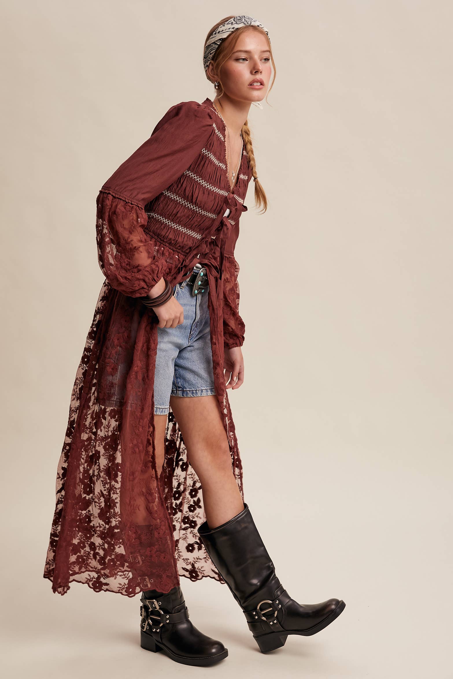 Listicle - Wholesale Kimono - Women's - Lace-Up Embroidered Maxi Kimono LJ026119