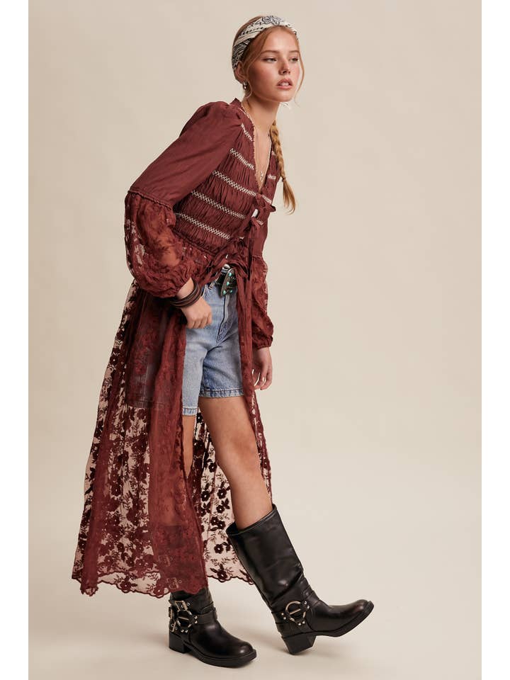 Listicle - Wholesale Kimono - Women's - Lace-Up Embroidered Maxi Kimono LJ026119