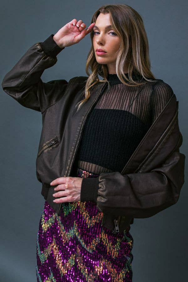 DARK BROWN A washed faux leather jacket - IJ10205 for wholesale on Faire4