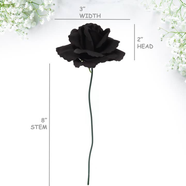 Larksilk - Wholesale Artificial Flowers - Black Silk Rose Picks | 50 Pack - 8In X 3In.