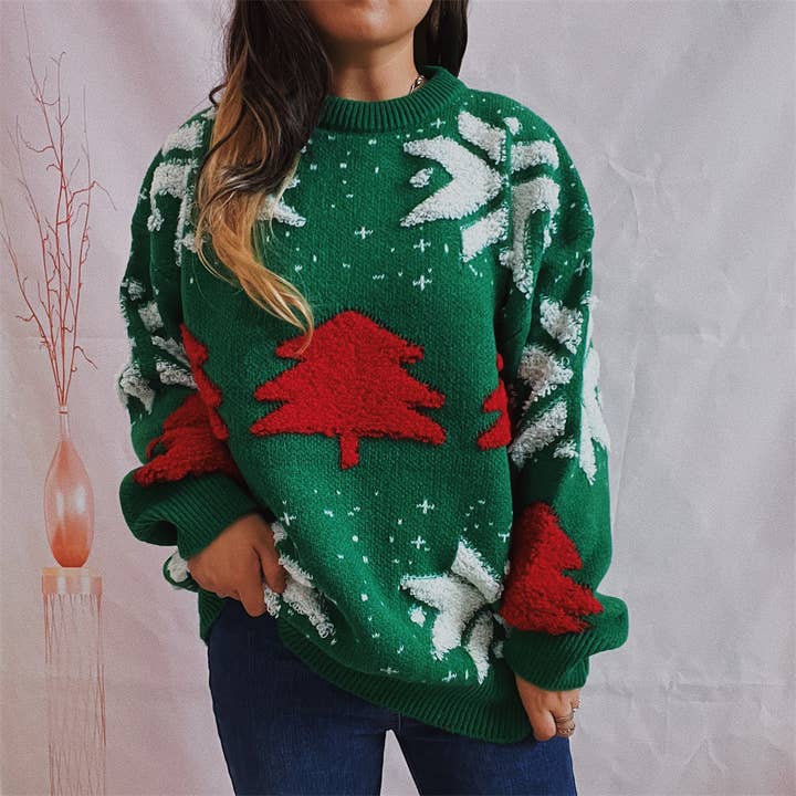 HIDDENBRAND - Wholesale Knit Sweater - Women's - Christmas tree jacquard pullover top