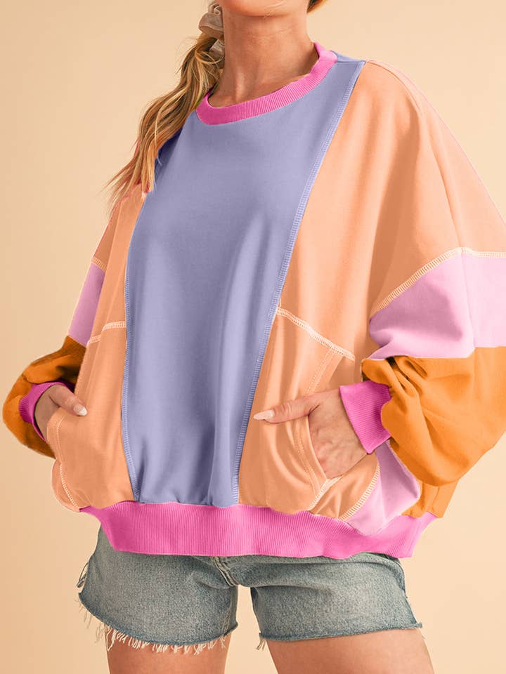 Top a spalla bassa patchwork a blocchi di colore arancione pompelmo per la vendita all'ingrosso da parte di EG fashion