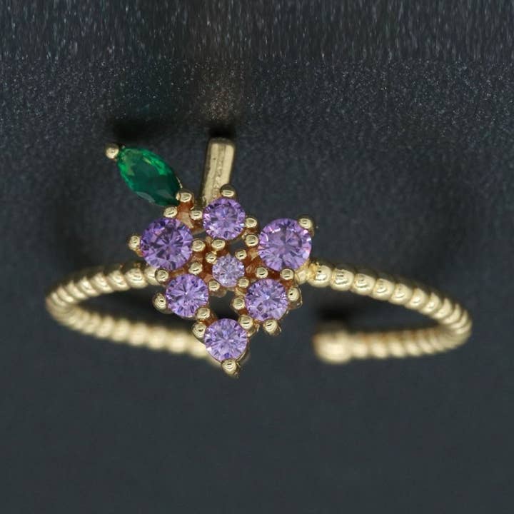 Dainty Twisted Grape ring, Gold Mini Fruit Ring Stackable Jewelry Open Adjustable Ring O-876 for wholesale by Aim Eternal