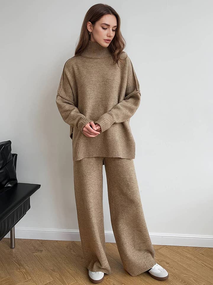 Turtleneck Sweater & Wide-Leg Pants Knit Two-Piece Set for wholesale by BELLISSIMA FASHION