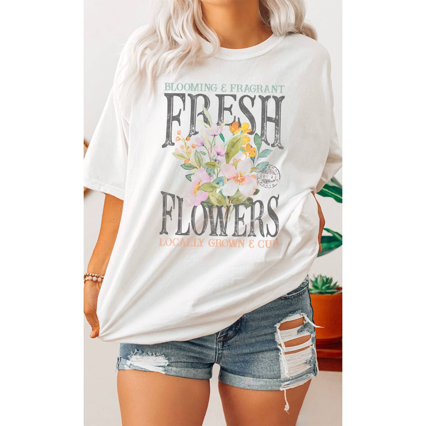 Kissed Apparel - Wholesale Screen Printed T-Shirt - Women's - Vintage Fresh Flowers Oversized Graphic Tee2