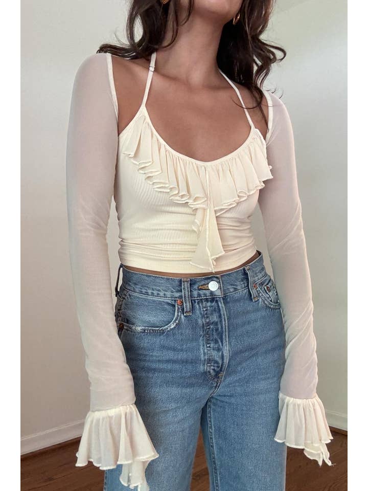 Salty - Wholesale Blouse - Women's - RUFFLE TRIM LONG SLEEVE CROP TOP13