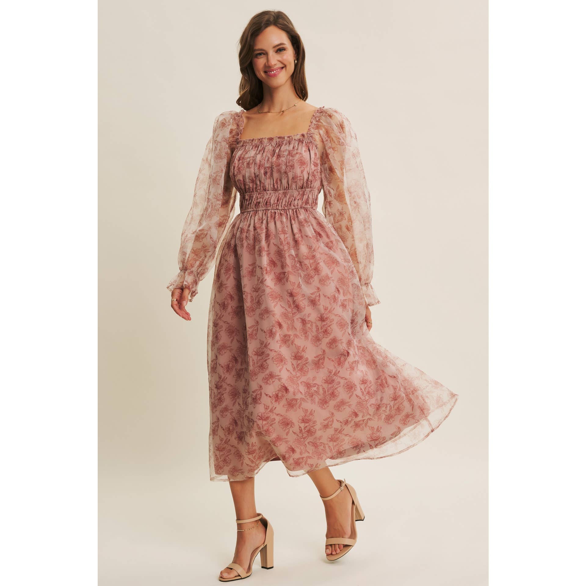 in february - Wholesale Jurk - Dames - ETHERISCHE ELEGANTIE BLOEMIGE ORGANZA MIDI-JURK MET ELASTISCHE TAILLE21