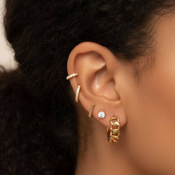 Mini Chain Link Huggie Hoops 18k Gold Plated Ear Stack for wholesale by Gold Lunar