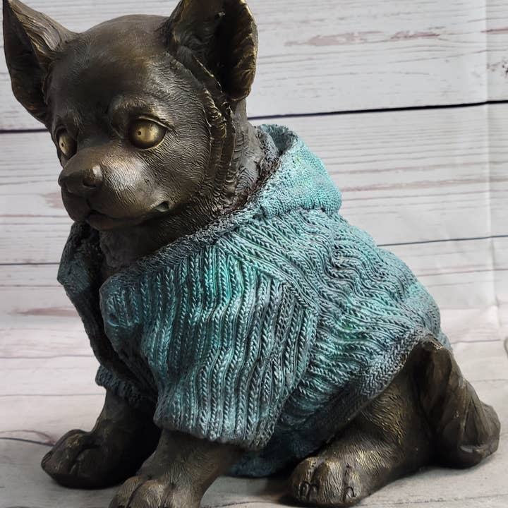 Bronzhaus – wholesale Skulptur – Chihuahua valp hund bär blå tröja brons metall figur skulptur dekoration
