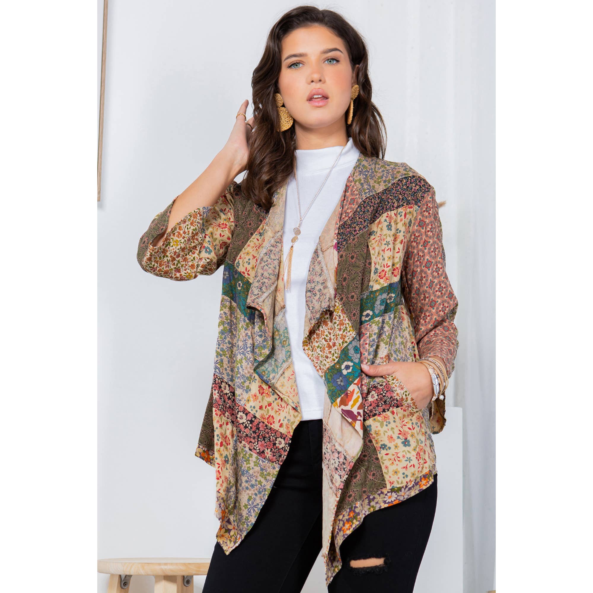 Young Threads - Wholesale Kimono - Women's - Patchwork Kimono Cardigan With 3/4 Sleeve3