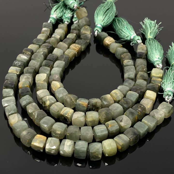 Cuentas de piedras preciosas de ojo de gato, cuentas de ojo de gato verde crisoberilo natural, cuentas de caja de cubo 3D, cuentas al por mayor a granel, suministros de joyería, hebra de 8» para venta al por mayor de Akstar Gems