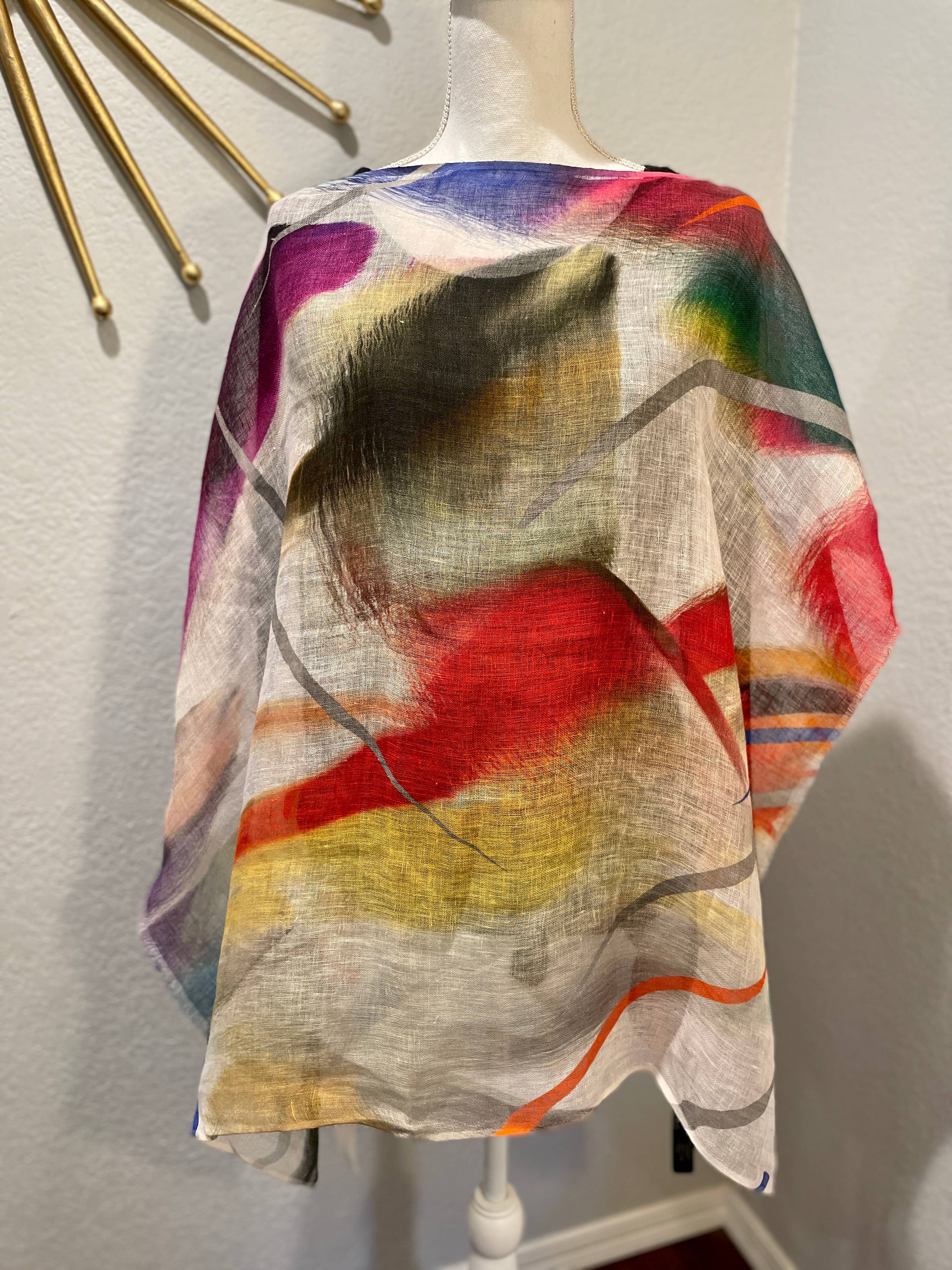 In Style Scarves - Wholesale Poncho - Women's - 732/C Linen Poncho/Cape in Abstract Watercolor Patterns7