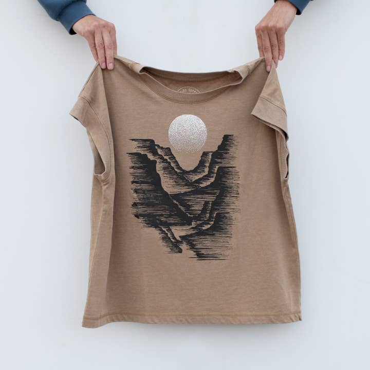 Canyonlands Desert Motif Loose Fit Boxy Tee Yoga Shirt Brown for wholesale by Blackbird Supply Co.